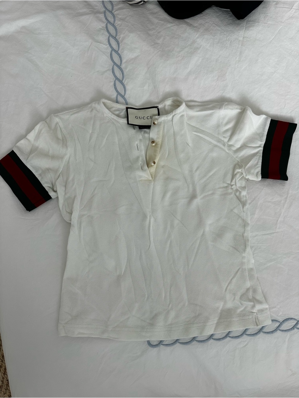 Gucci White Polo with Green and Red Stripe Cuffs